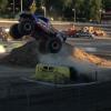 The monsters took part in a wheelie contest, donut contest and freestyle contest. Here, the awesome chevrolet Hurricane Force gets some big air in the wheelie competition