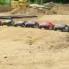 After the monster trucks finished up their last round, the short course trucks came up for their main event. The trucks are seen here lined up on the startting line